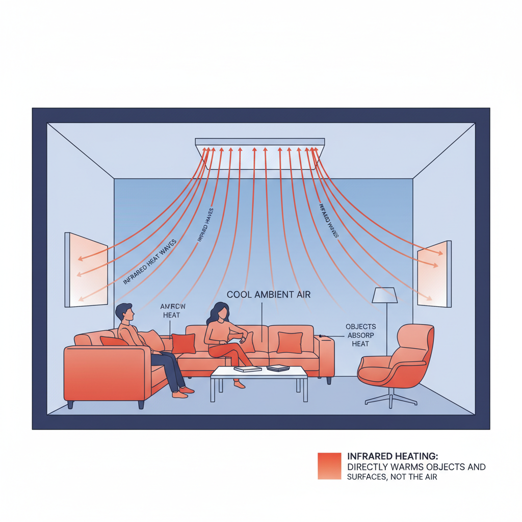 How Infrared Heating Works - Diagram showing infrared heat distribution from Yandiya panels