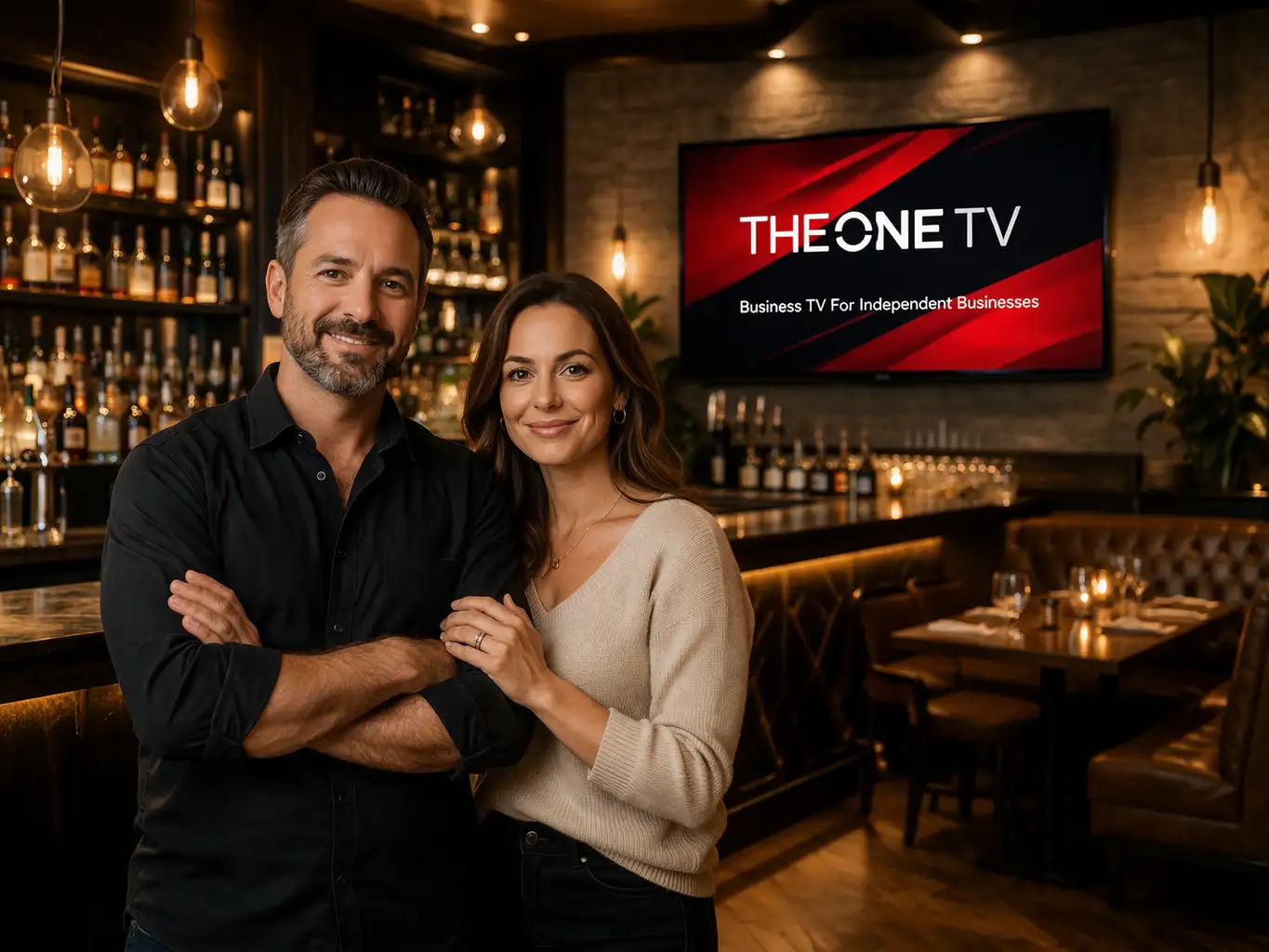 TV screen displaying branded content in a modern business venue